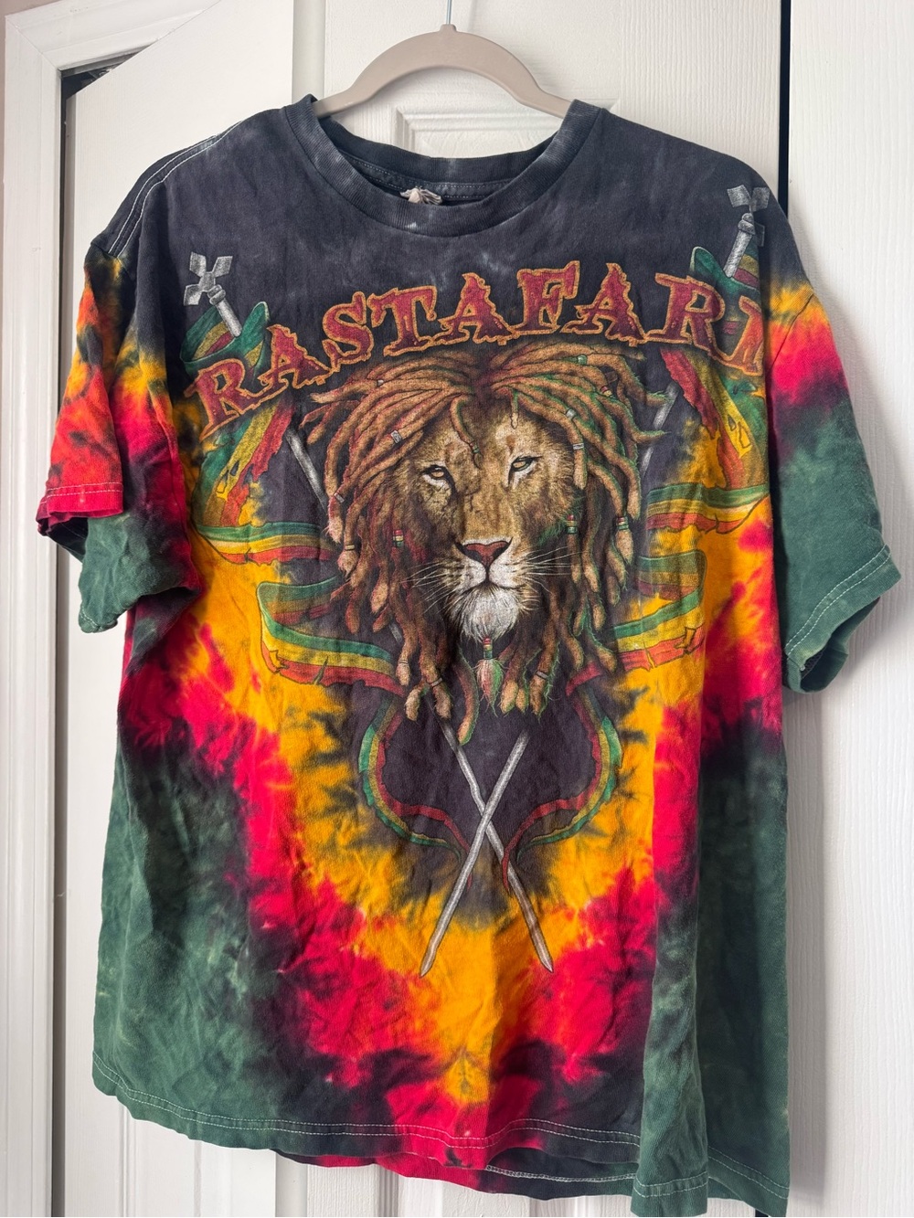 Vintage Liquid Blue Rastafari Lion Tie Dye T-Shirt Y2K Reggae Graphic Tee XL